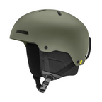 Matte sage snow helmet by Smith with black ear pads and a MIPS safety system.
