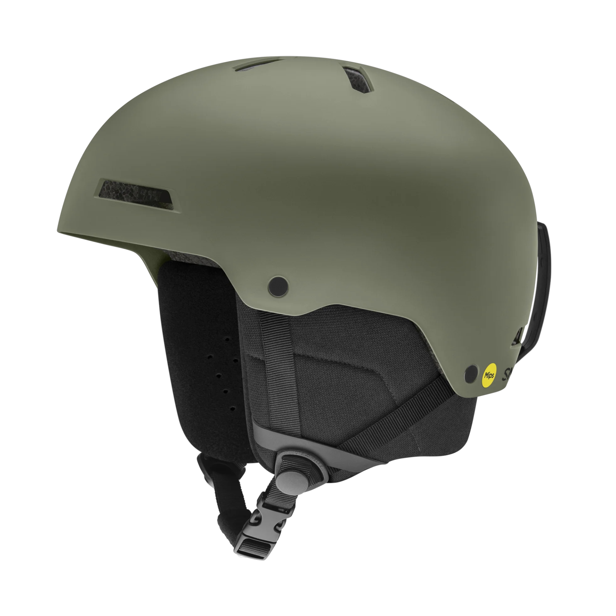 Matte sage snow helmet by Smith with black ear pads and a MIPS safety system.
