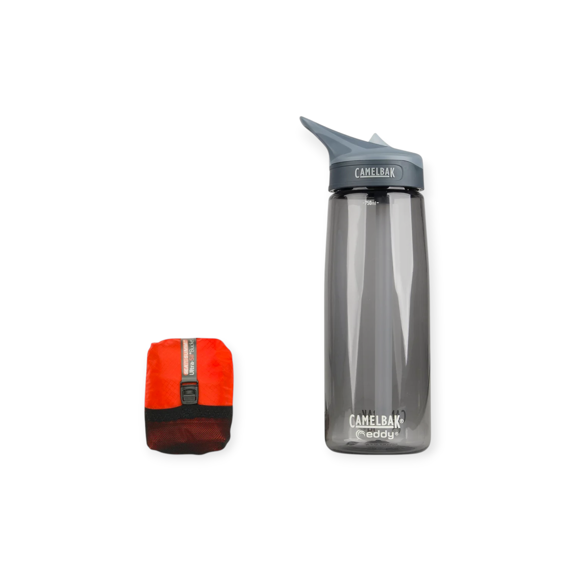 Red and black folding bucket by Sea to Summit, next to a gray water bottle on a white background.