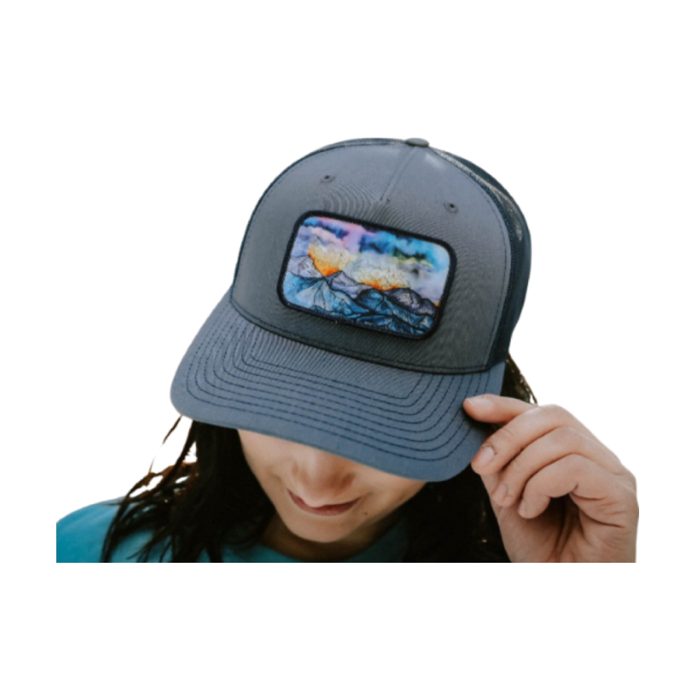 Montana Scene Mountain Water Color Trucker Hat - Navy
