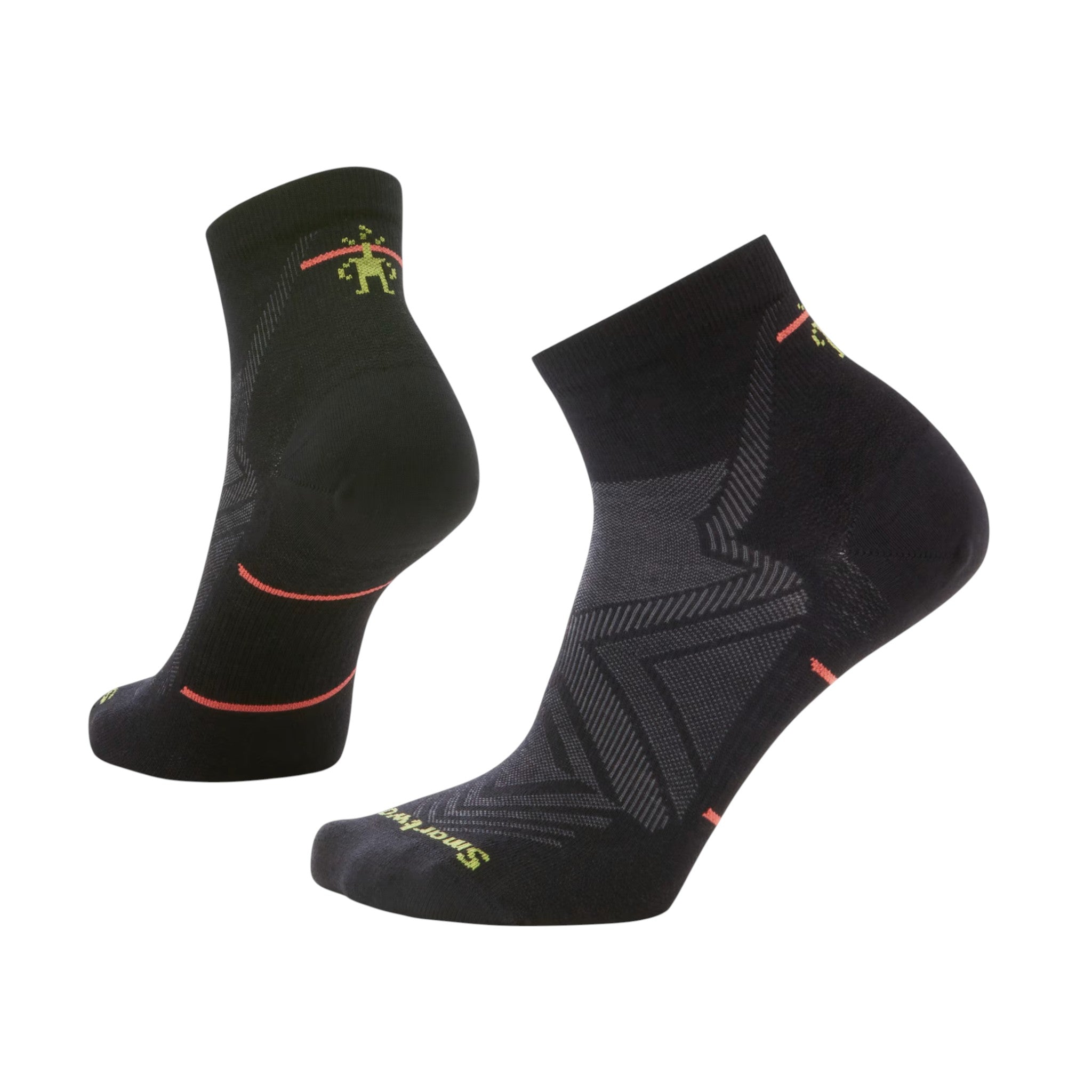 Black ankle socks by Smartwool, featuring a running figure graphic and geometric knit patterns.