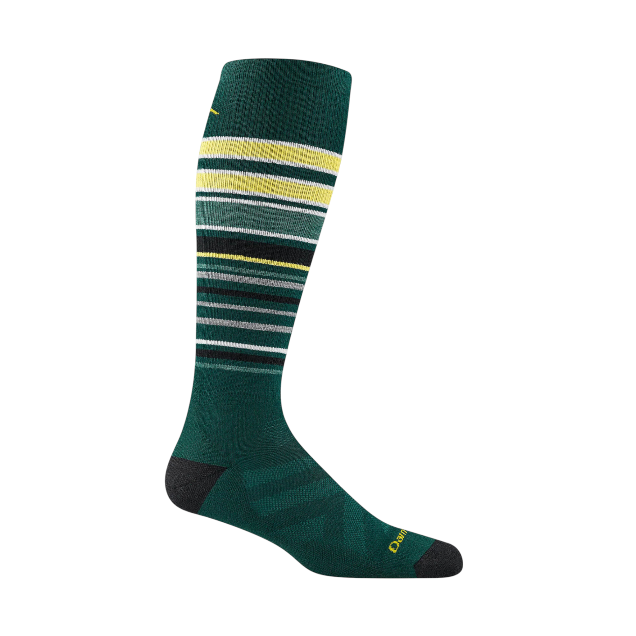 Green over-the-calf sock by Darn Tough with horizontal stripes and a dark gray toe and heel.