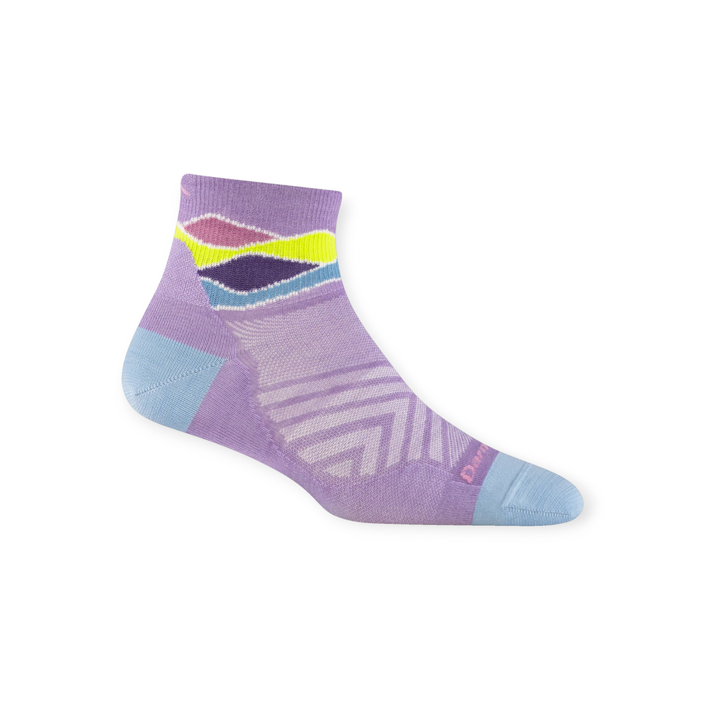 Lavender quarter sock by Darn Tough with a light blue toe and heel, and geometric accents.