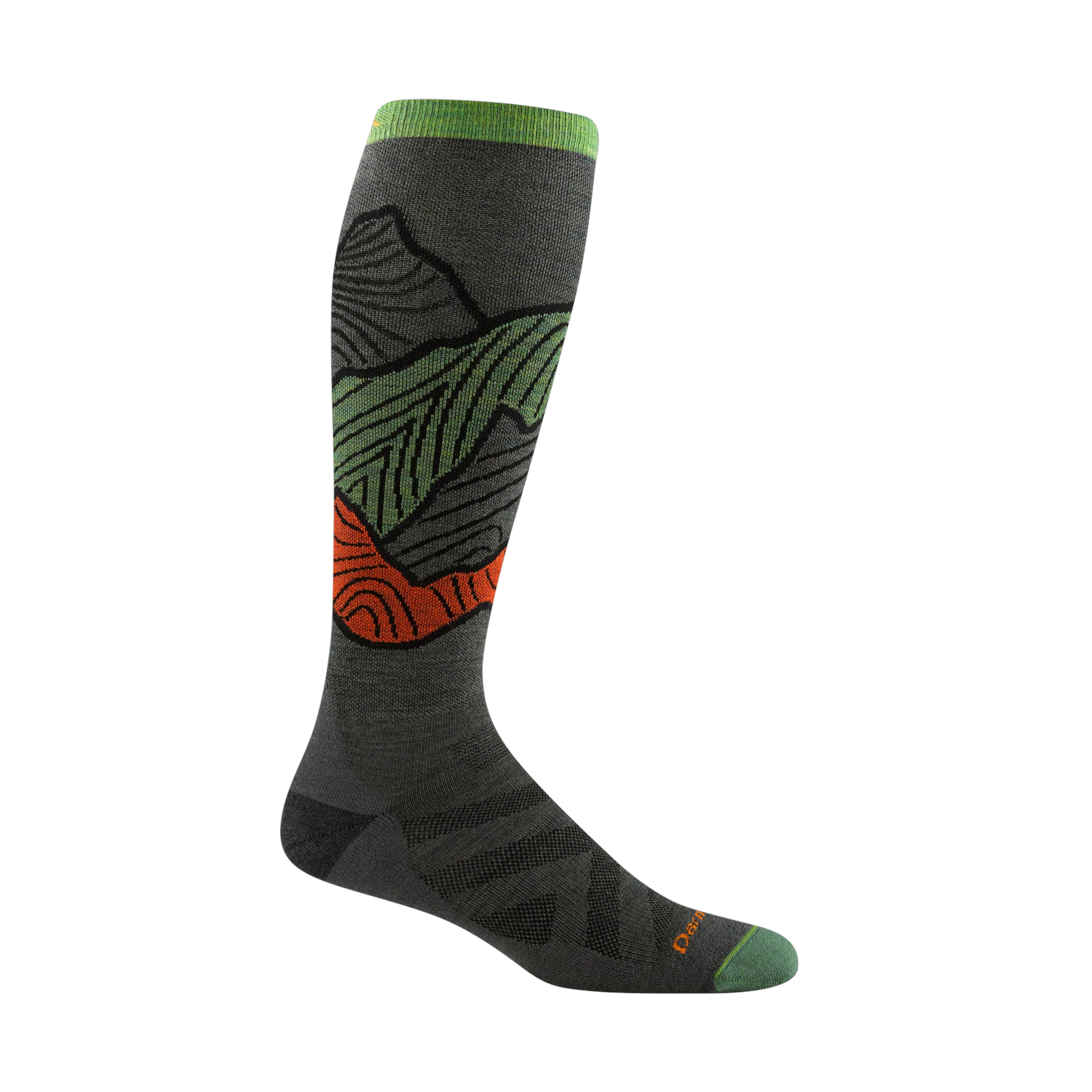 Gray over-the-calf sock by Darn Tough, decorated with a stylized mountain landscape design in green and orange.
