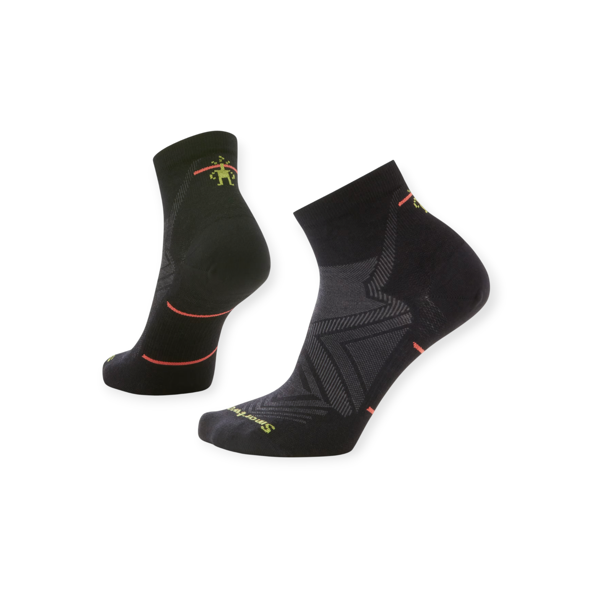 Black running socks for women by Smartwool with gray geometric pattern on the ankle.