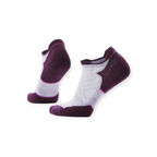 Purple and white ankle socks by Smartwool, featuring targeted cushioning and a low cut.