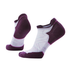 Low-cut running socks by Smartwool, with purple details and white textured panels.