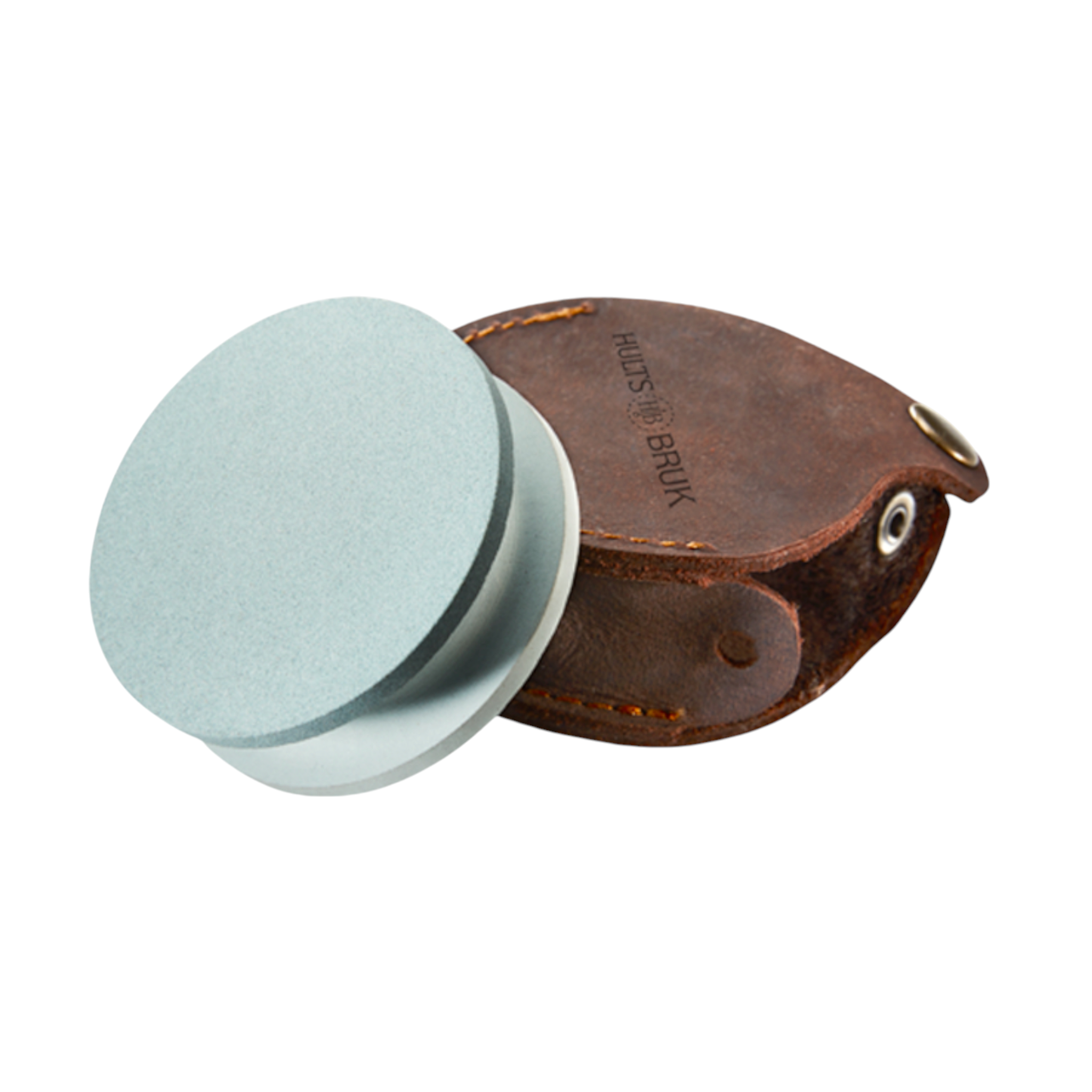Double-sided grey grinding stone by Hults Bruk, displayed with a brown leather storage case.
