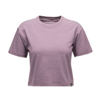 Striped crop short sleeve tee by Black Diamond with narrow burgundy and white horizontal stripes.