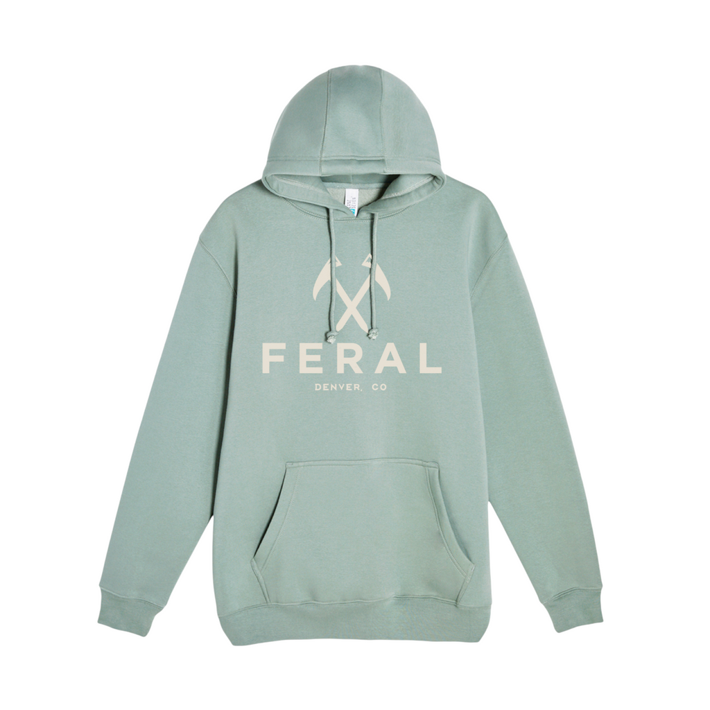 Seafoam green logo hoodie by FERAL, featuring a drawstring hood and front pouch pocket.