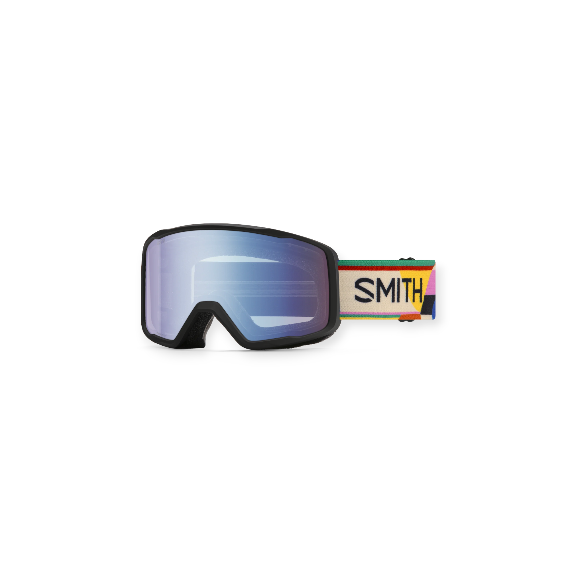 Ski goggles by Smith with a multi-color patterned strap and mirrored lenses.