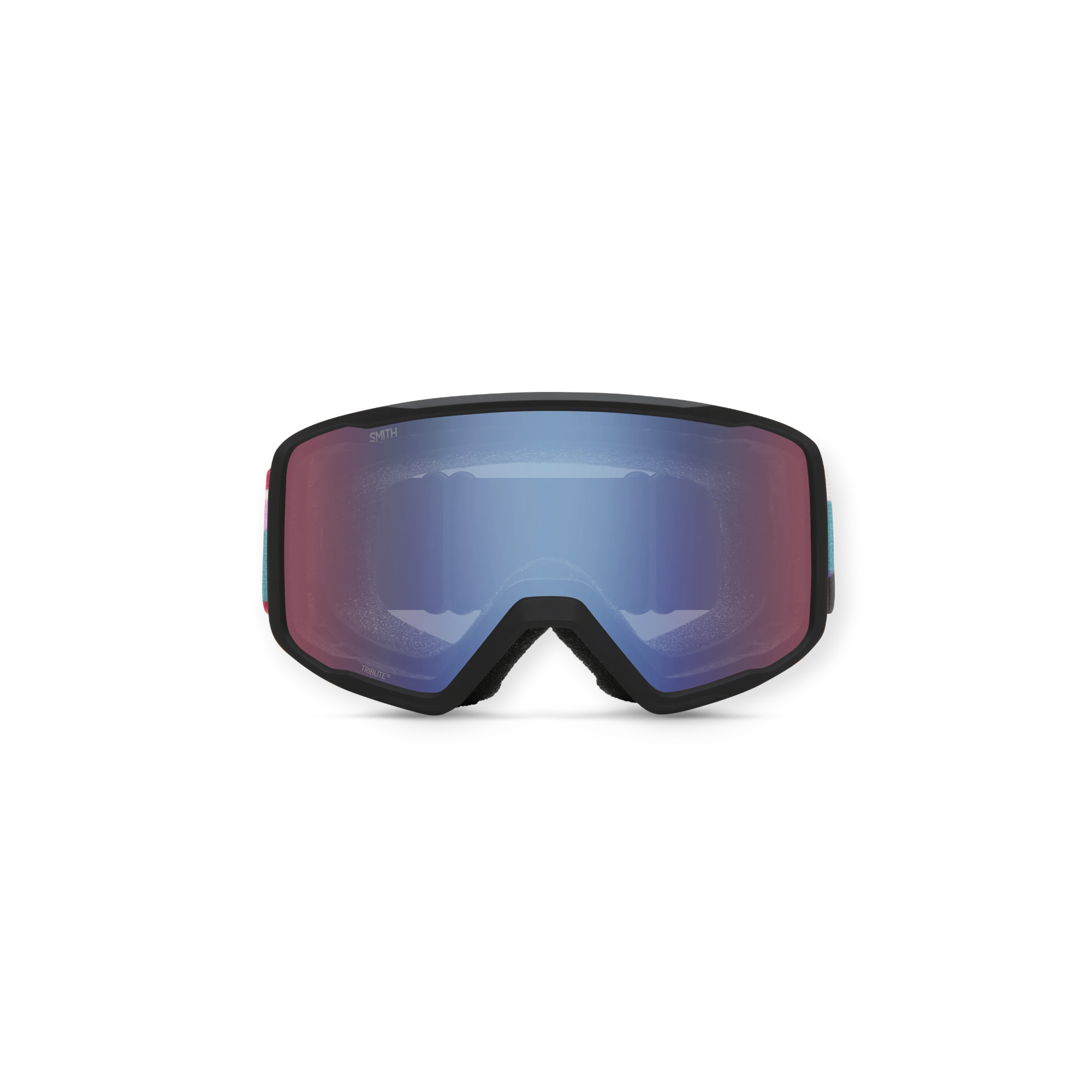 Ski goggles by Smith with blue and red mirrored lenses and a black frame.