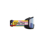 Ski goggles with a colorful patterned strap by Smith featuring a black frame and mirrored lenses.
