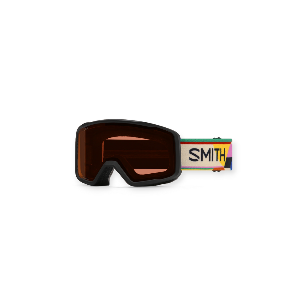 Amber ski goggles by Smith with a colorful patterned strap featuring the brand name.