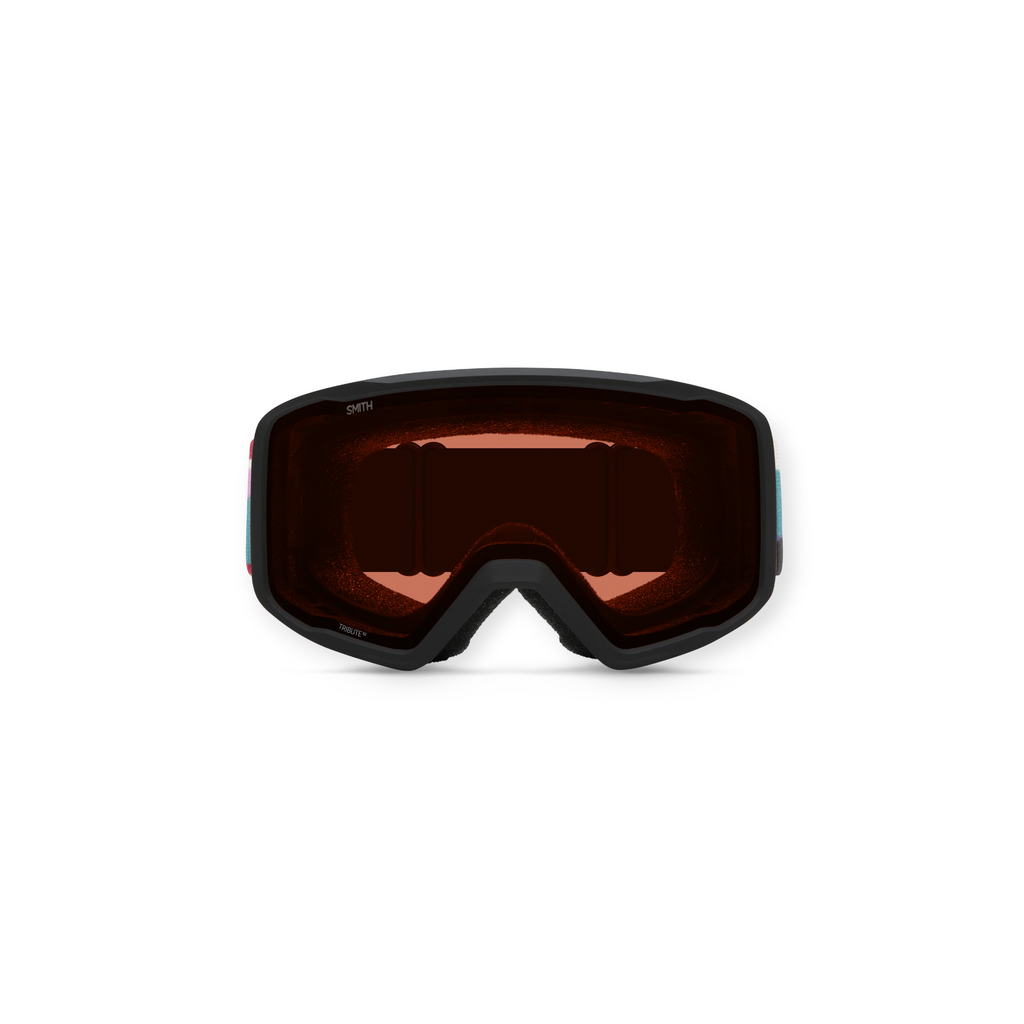 Ski goggles with brown lenses by Smith, featuring a black frame, and colorful detailing on the sides.