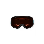 Ski goggles with brown lenses by Smith, featuring a black frame, and colorful detailing on the sides.