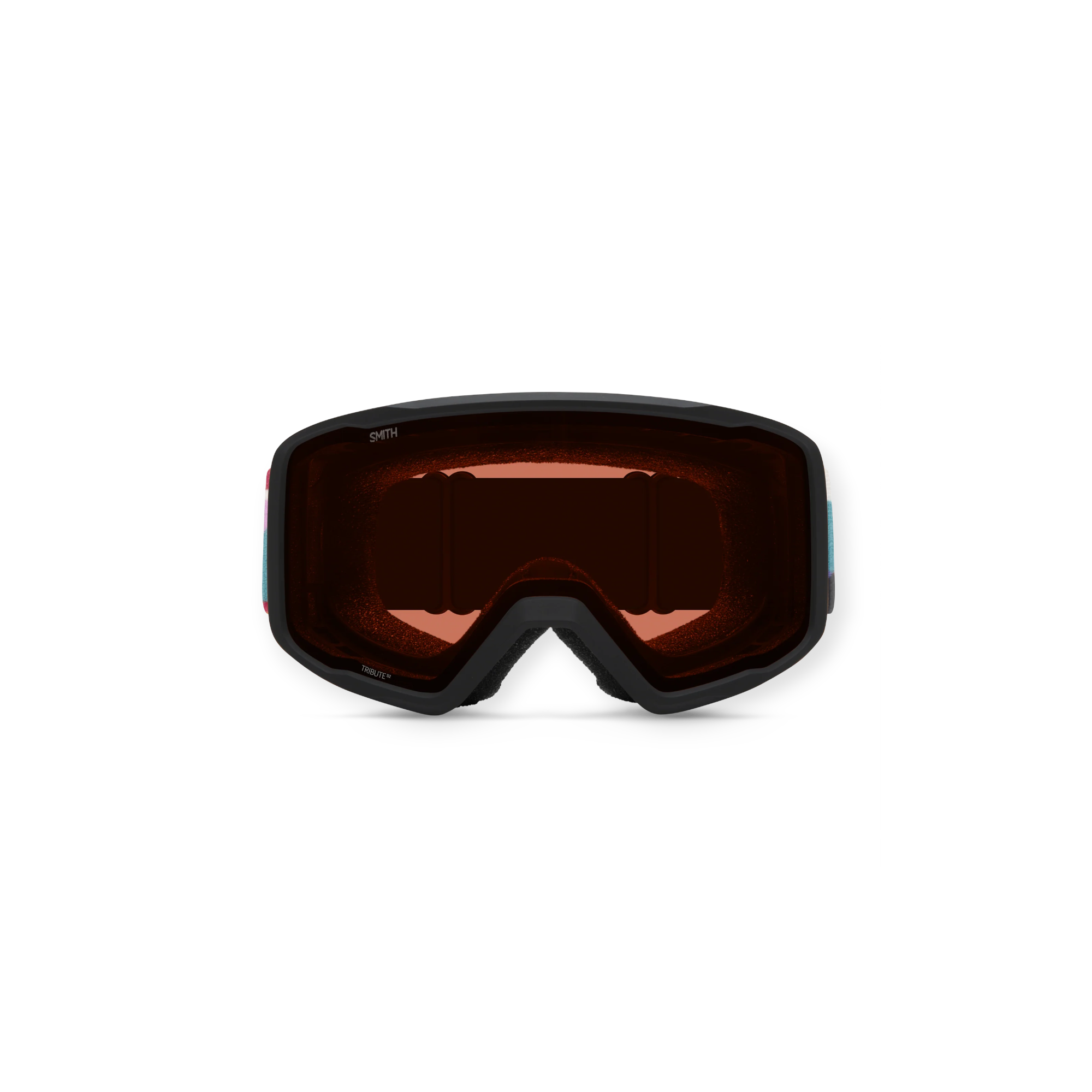 Ski goggles with brown lenses by Smith, featuring a black frame, and colorful detailing on the sides.