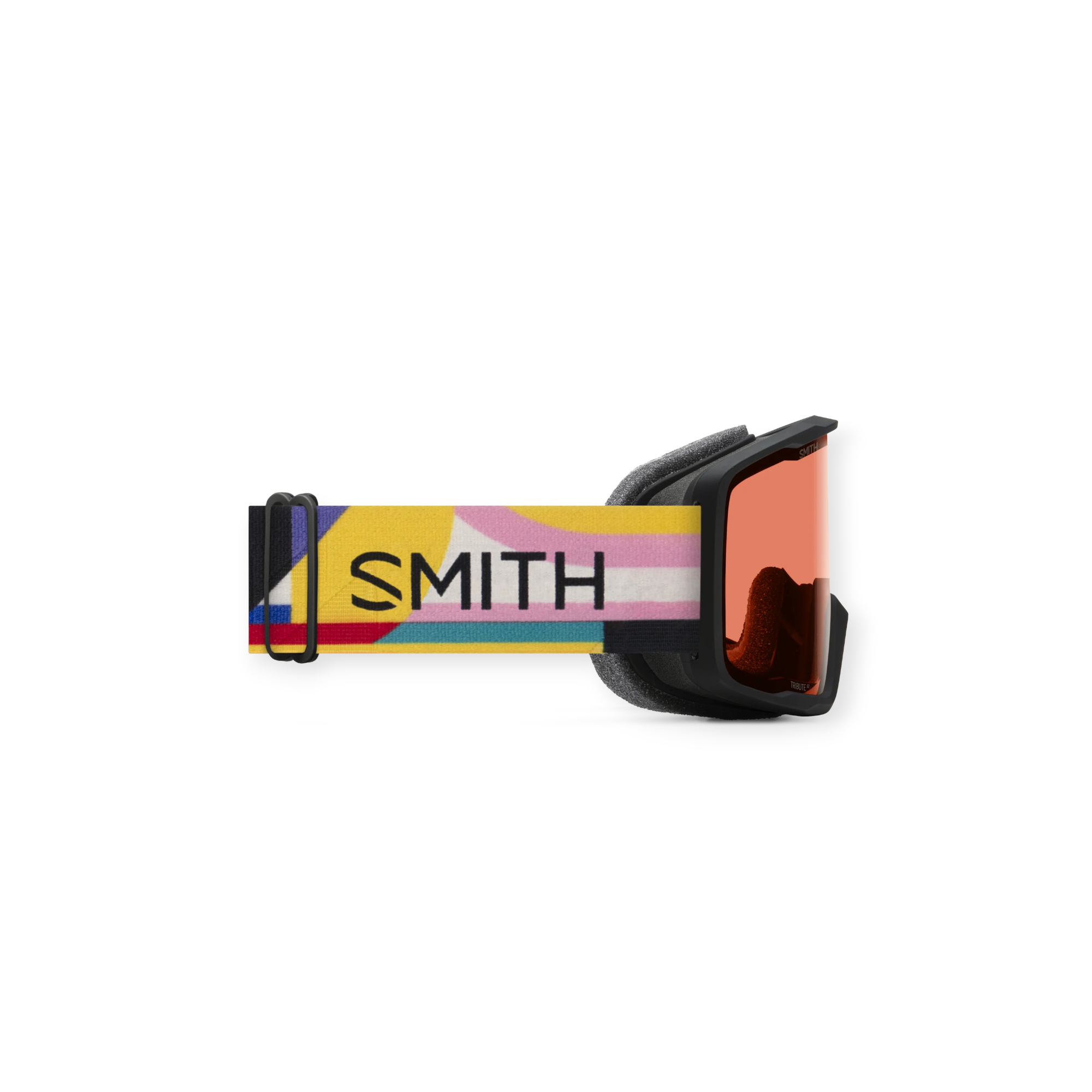 Ski goggles with orange lenses by Smith, featuring a colorful patterned strap.